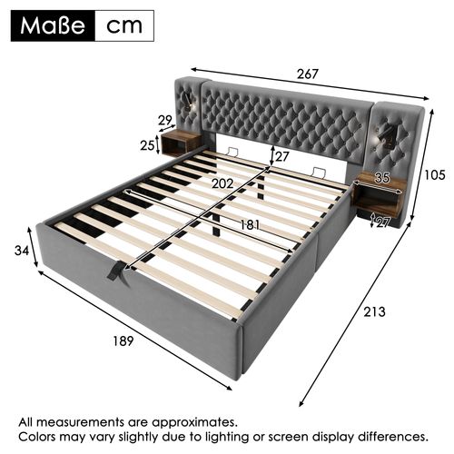 Lit Coffre 180x200 Cm Avec 2 Lampes LED, 2 Chevets Et Ports USB/type-c, Velours Gris