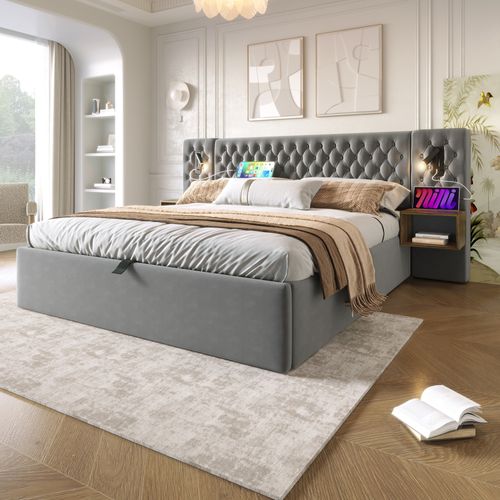 Lit Coffre 180x200 Cm Avec 2 Lampes LED, 2 Chevets Et Ports USB/type-c, Velours Gris