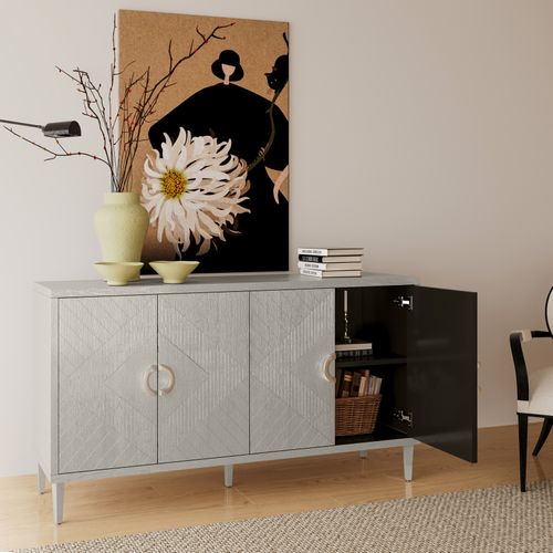 Buffet 152x40x82,5 Cm 4 Portes Avec Rangements, Pieds En Pin, Finition Champagne