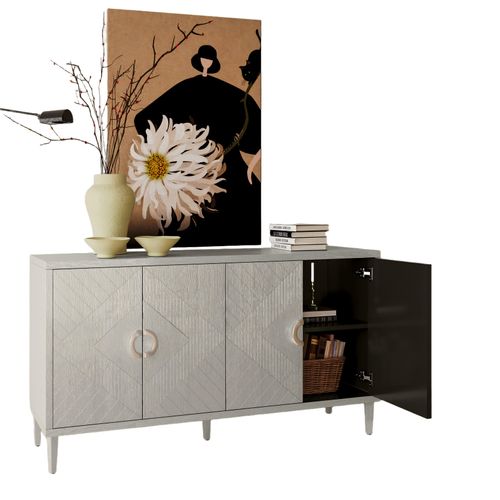 Buffet 152x40x82,5 Cm 4 Portes Avec Rangements, Pieds En Pin, Finition Champagne