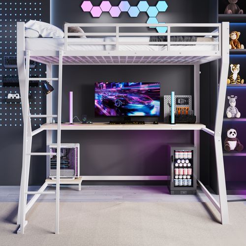 Lit Mezzanine LED 140x200 Cm Métal Blanc Avec Bureau Intégré Et Prises USB