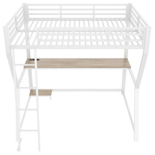 Lit Mezzanine LED 140x200 Cm Métal Blanc Avec Bureau Intégré Et Prises USB