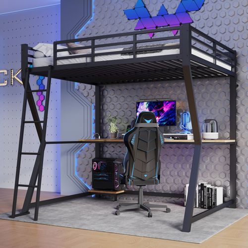 Lit Mezzanine LED 140x200 Cm Métal Noir Avec Bureau Intégré, Éclairage Et Prises USB