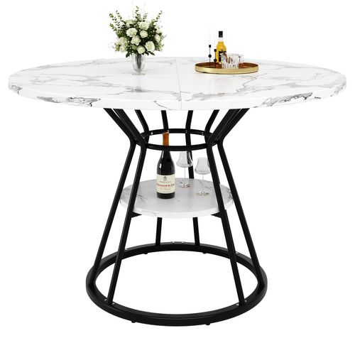 Table à Manger Ronde 100 Cm Motif Marbre Blanc, Métal Noir, Pour 4 Personnes