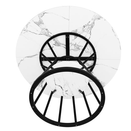 Table à Manger Ronde 100 Cm Motif Marbre Blanc, Métal Noir, Pour 4 Personnes