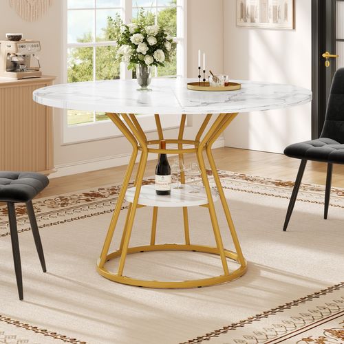 Table à Manger Ronde 100 Cm Motif Marbre, Métal Doré, Pour 4 Personnes