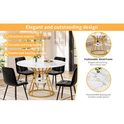 Table à Manger Ronde 100 Cm Motif Marbre, Métal Doré, Pour 4 Personnes