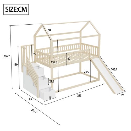 Lit Superposé Enfant 90x200 Cm Avec Toboggan Et 3 Tiroirs Rangements, Bois Naturel Et Métal