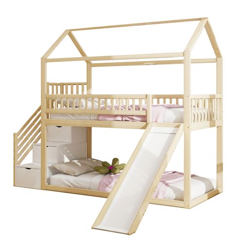 Lit Superposé Enfant 90x200 Cm Avec Toboggan Et 3 Tiroirs Rangements, Bois Naturel Et Métal