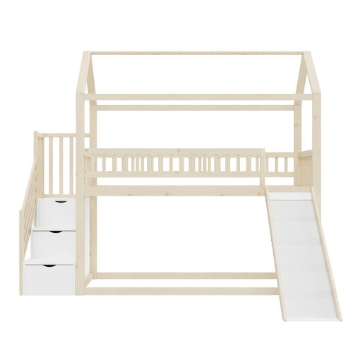 Lit Superposé Enfant 90x200 Cm Avec Toboggan Et 3 Tiroirs Rangements, Bois Naturel Et Métal
