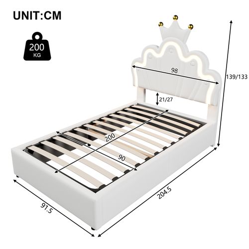 Lit Enfant 90x200 Cm Coffre Hydraulique, Éclairage LED, Tête Couronne Réglable, Pu Blanc