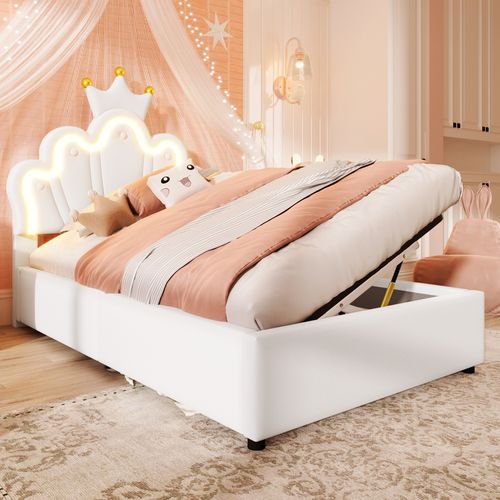 Lit Enfant 90x200 Cm Coffre Hydraulique, Éclairage LED, Tête Couronne Réglable, Pu Blanc