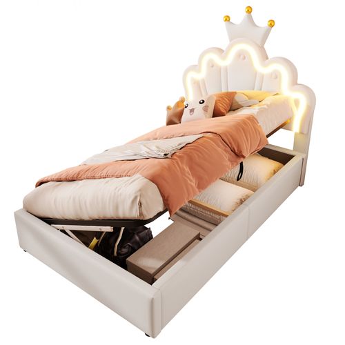 Lit Enfant 90x200 Cm Coffre Hydraulique, Éclairage LED, Tête Couronne Réglable, Pu Blanc