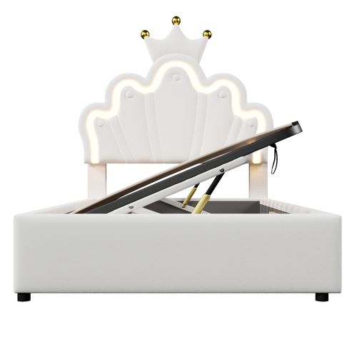 Lit Enfant 90x200 Cm Coffre Hydraulique, Éclairage LED, Tête Couronne Réglable, Pu Blanc