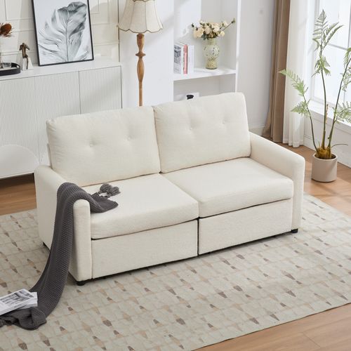 Canapé 2 Places Beige Avec 2 Tiroirs, Structure Bois Et Métal