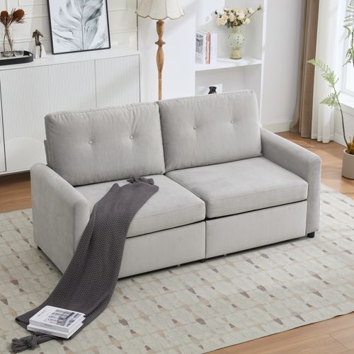 Canapé 2 Places Gris Clair En Tissu Avec 2 Tiroirs, Structure Bois Et Métal