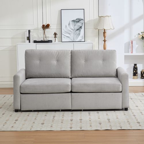 Canapé 2 Places Gris Clair En Tissu Avec 2 Tiroirs, Structure Bois Et Métal