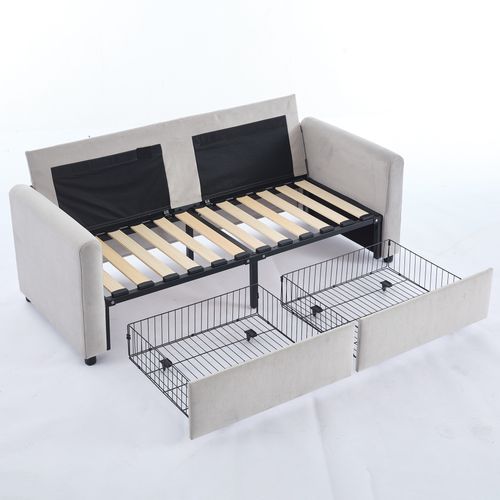 Canapé 2 Places Gris Clair En Tissu Avec 2 Tiroirs, Structure Bois Et Métal