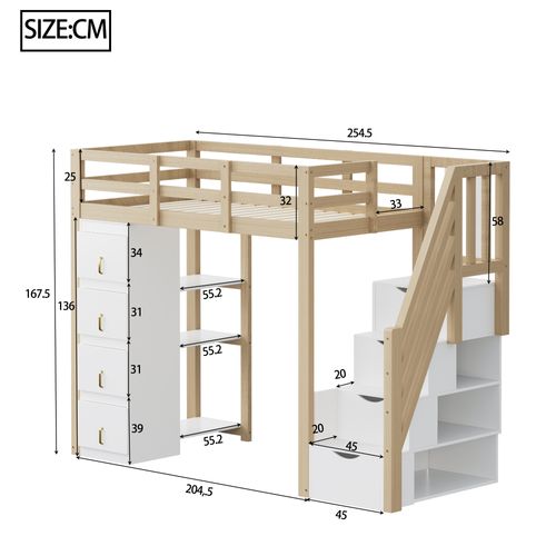 Lit Mezzanine Enfant 90x200 Cm Avec 4 Tiroirs Et 3 Étagères, Escalier à Rangement, Pin Bois Naturel