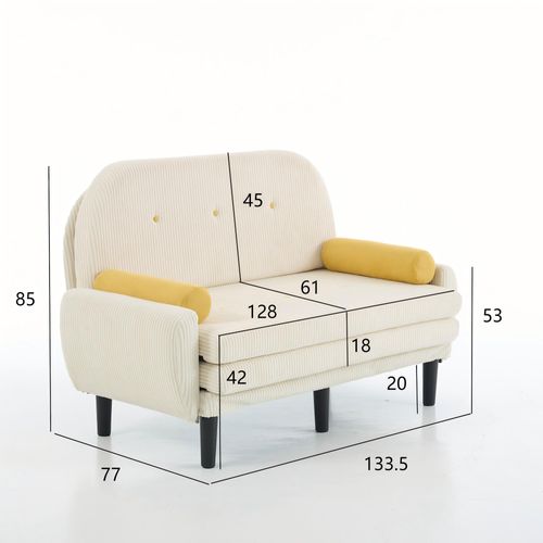 Canapé Convertible 2 Places En Velours Côtelé Beige, Structure Métal, Dossier Réglable