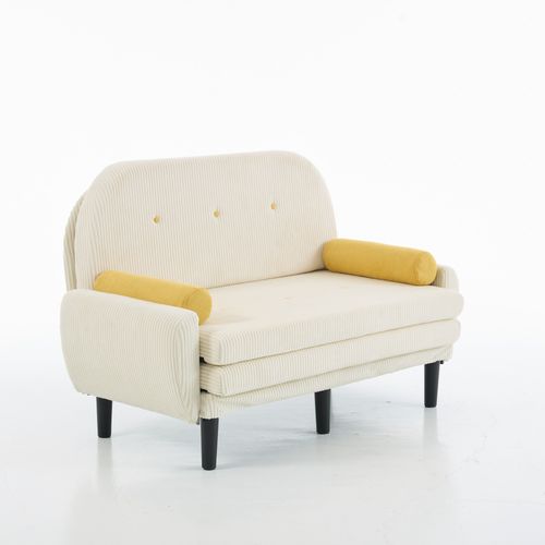 Canapé Convertible 2 Places En Velours Côtelé Beige, Structure Métal, Dossier Réglable