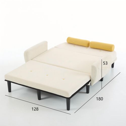 Canapé Convertible 2 Places En Velours Côtelé Beige, Structure Métal, Dossier Réglable