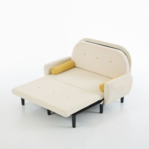 Canapé Convertible 2 Places En Velours Côtelé Beige, Structure Métal, Dossier Réglable