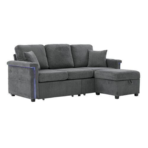 Canapé D'angle En Tissu Gris Foncé Avec LED, Ports USB/type-c, 2 Tiroirs, Pouf De Rangements
