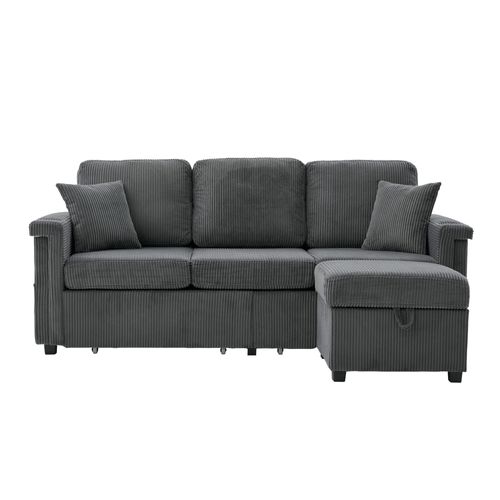 Canapé D'angle En Tissu Gris Foncé Avec LED, Ports USB/type-c, 2 Tiroirs, Pouf De Rangements