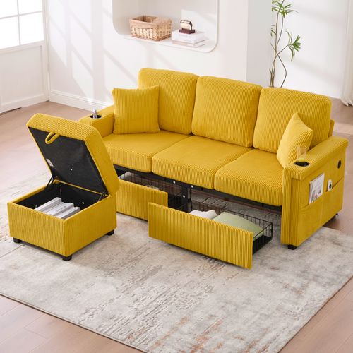 Canapé D'angle Modulable En Tissu Jaune Moutarde Avec Rangements, LED Et Ports USB/type-c