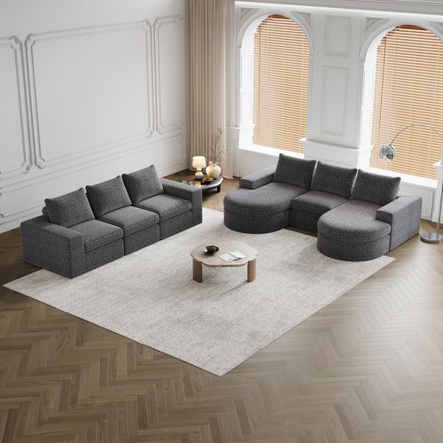 Canapé D'angle Compressé 6 Places Modulable Avec Méridienne Réversible En Tissu Chenille Gris
