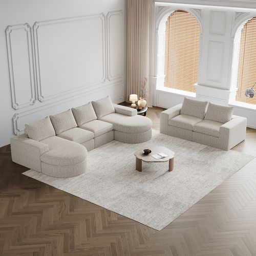 Canapé D'angle Compressé 6 Places Avec Méridienne Réversible En Tissu Chenille Beige
