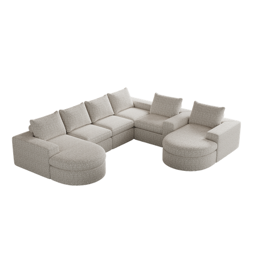 Canapé D'angle Compressé 6 Places Avec Méridienne Réversible En Tissu Chenille Beige