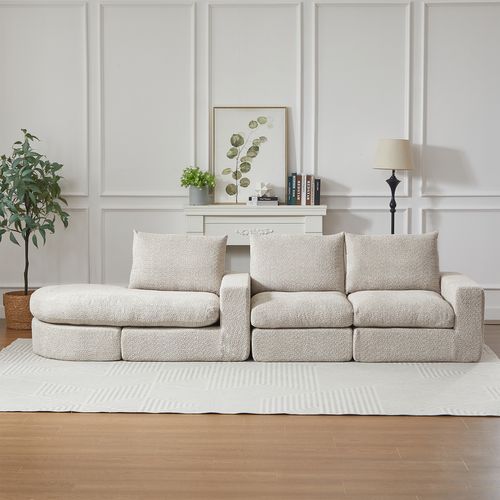 Canapé D'angle Compressé 3 Places En Tissu Chenille Beige