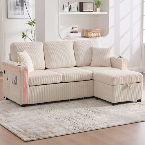 Canapé D'angle Modulable 194x73x81 Cm Tissu Beige Avec LED, Ports USB/type-c Et 2 Tiroirs
