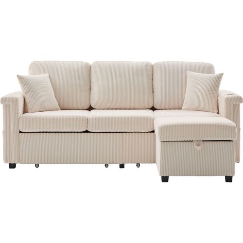 Canapé D'angle Modulable 194x73x81 Cm Tissu Beige Avec LED, Ports USB/type-c Et 2 Tiroirs