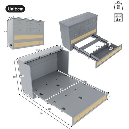 Lit Adulte Rabattable 140x200 Cm Avec Tiroir, Étagère, Ports USB Et Prise, Pin Gris