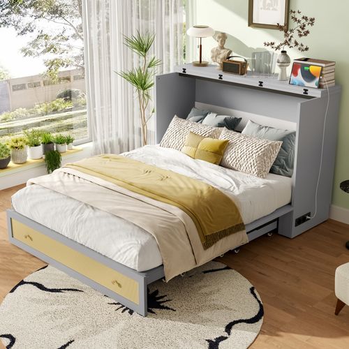 Lit Adulte Rabattable 140x200 Cm Avec Tiroir, Étagère, Ports USB Et Prise, Pin Gris
