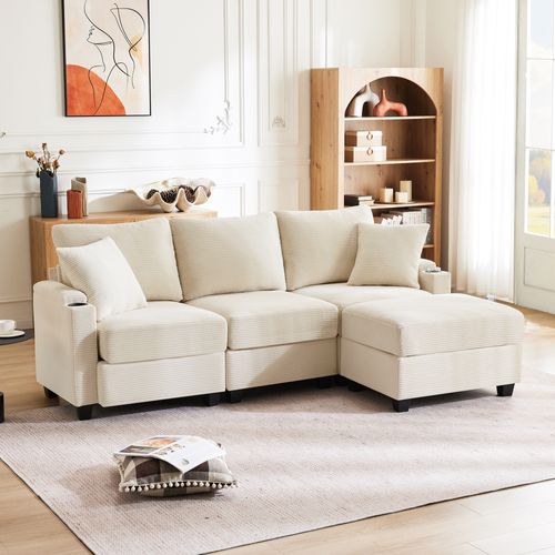 Canapé D’angle 3 Places Beige Avec Méridienne Réversible, Rangement Et Port USB, Velours Côtelé