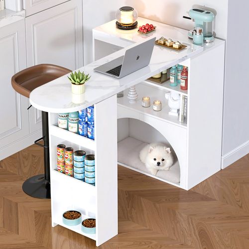 Table Bar Extensible 120(+80)×40×100 Cm, Plateau Effet Marbre, Blanche, Avec 2 Étagères Ouvertes