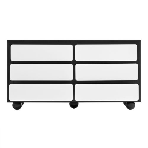 Commode 140×38×74,5 Cm Avec 6 Tiroirs, Blanc Et Noir, Pieds Métal