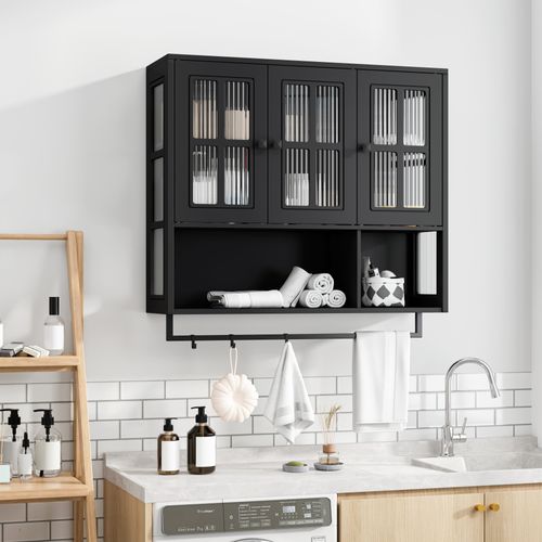 Armoire Murale Noire Salle De Bain Et Cuisine — 3 Portes, Niche Ouverte Et Porte‑serviettes