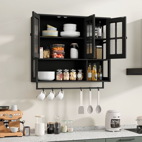 Armoire Murale Noire Salle De Bain Et Cuisine — 3 Portes, Niche Ouverte Et Porte‑serviettes