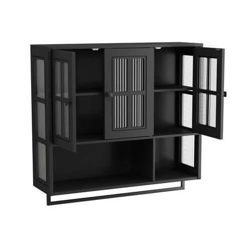 Armoire Murale Noire Salle De Bain Et Cuisine — 3 Portes, Niche Ouverte Et Porte‑serviettes