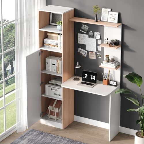 Bureau Blanc Et Effet Bois 123,5x45x168,5 Cm, Avec Rangements Et Étagères Ouvertes