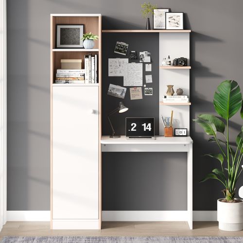 Bureau Blanc Et Effet Bois 123,5x45x168,5 Cm, Avec Rangements Et Étagères Ouvertes