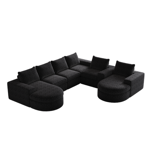 Canapé D'angle 6 Places Modulable Avec Méridienne Réversible En Tissu Chenille Noir, Sans Montage