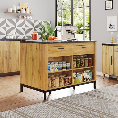 Îlot De Cuisine, Buffet Avec 2 Tiroirs Et 4 Étagères, Bois Effet Chêne, Plateau Effet Marbre