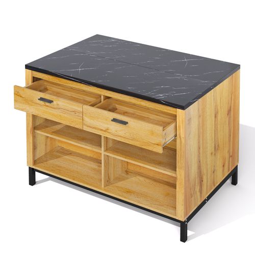 Îlot De Cuisine, Buffet Avec 2 Tiroirs Et 4 Étagères, Bois Effet Chêne, Plateau Effet Marbre