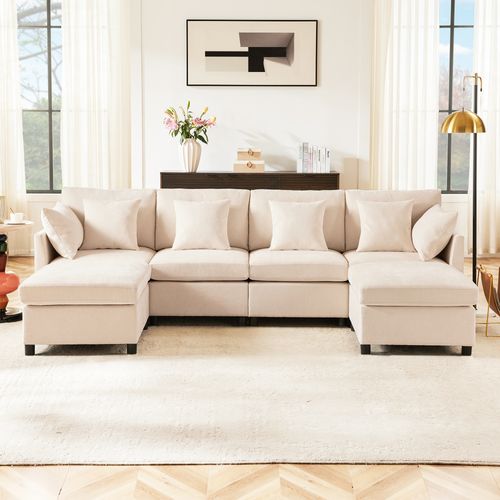 Canapé D'angle 4 Places Modulable En U, Tissu Chenille Beige 278x161x81 Cm Avec 2 Poufs